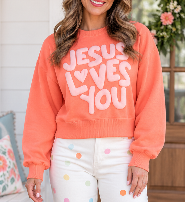 Orange Puff Print JESUS LOVES YOU Sweatshirt