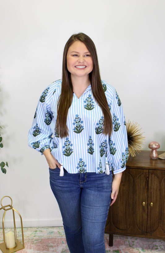 Blue Striped Floral Blouse LT