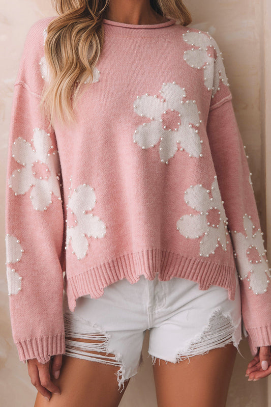 Pink Floral Pearl Beaded Sweater LT