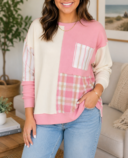 Pink Colorblock Plaid Plus Blouse