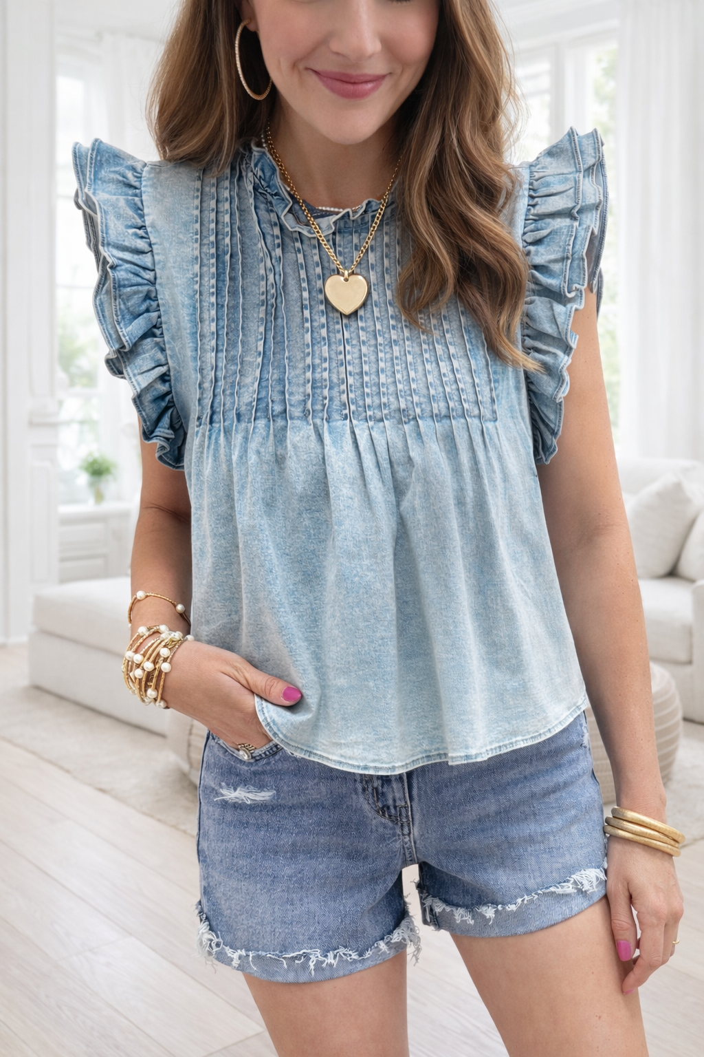 Ruffle Pleated Detail Denim Top LT