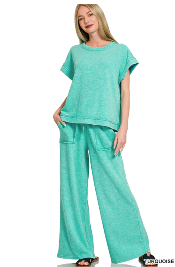 Washed Slub Short Sleeve Tee & Long Pants Set Zenana New RTS