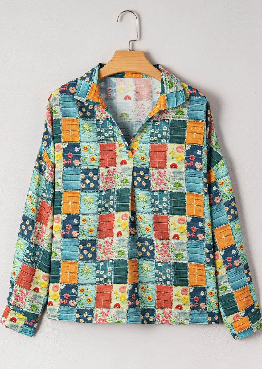 Floral Patchwork V Neck Blouse
