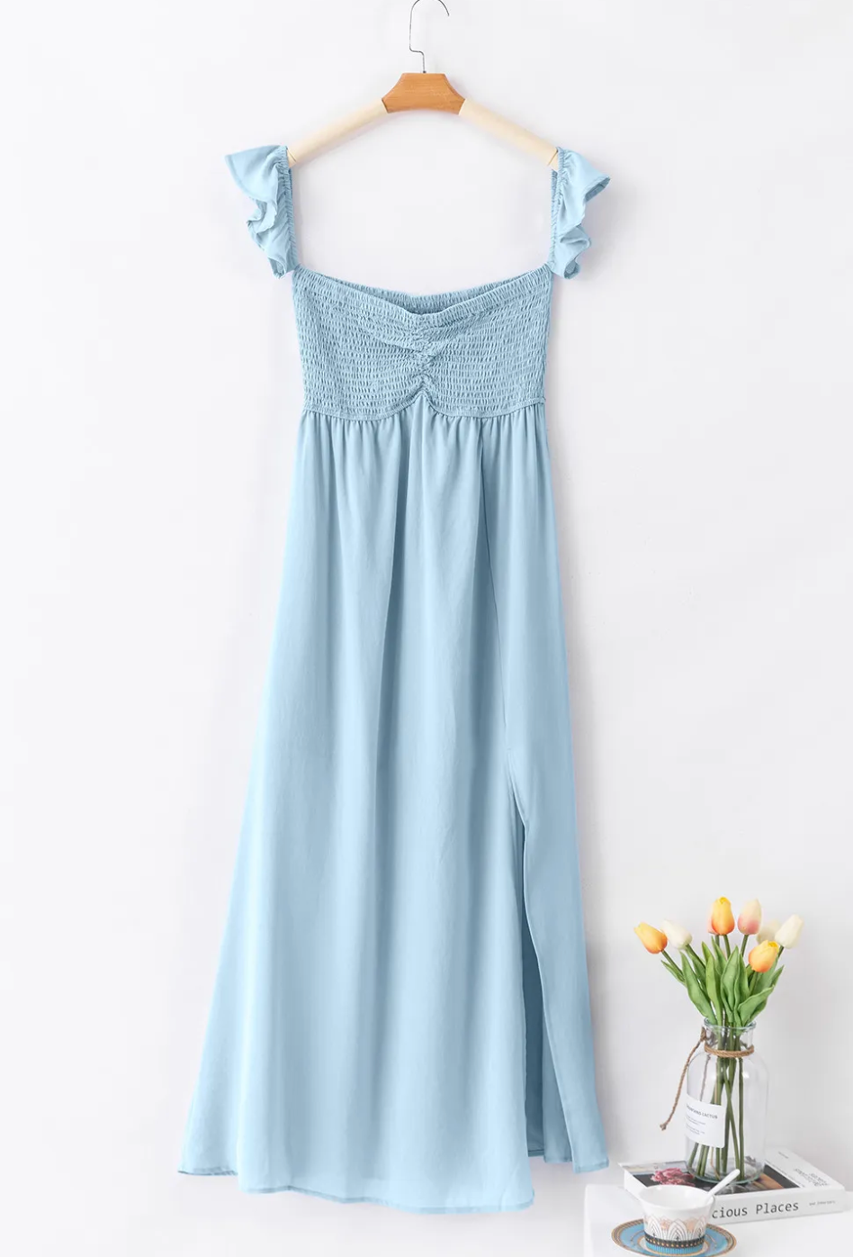 Sky Blue Off Shoulder Ruched Bust Maxi Dress