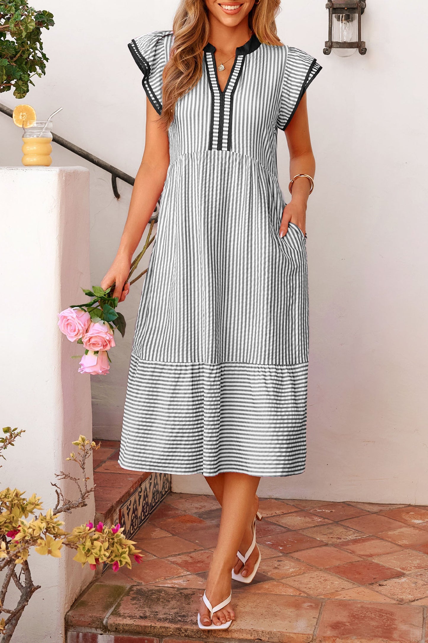 Stripe Contrast Flutter Sleeve Dress