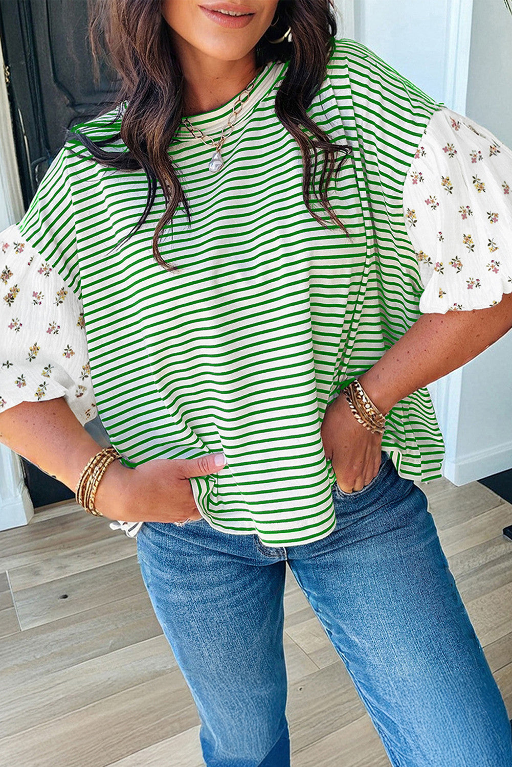 Stripe Floral Sleeve Top