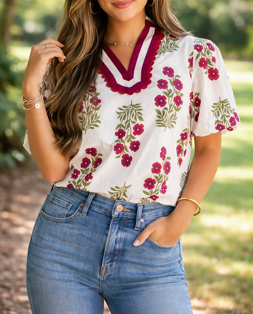 White Floral Contrast Blouse