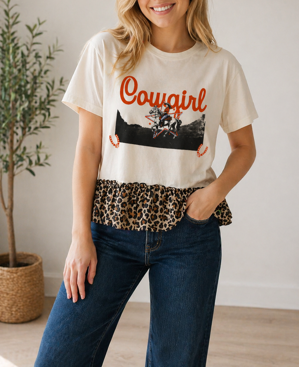 White Cowgirl Leopard Ruffle Shirt