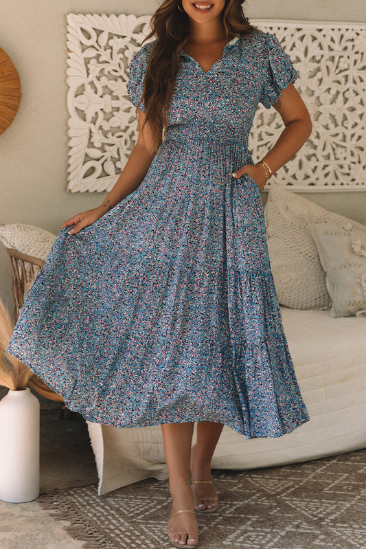 Blue Printed V Neck Maxi Dress RTS