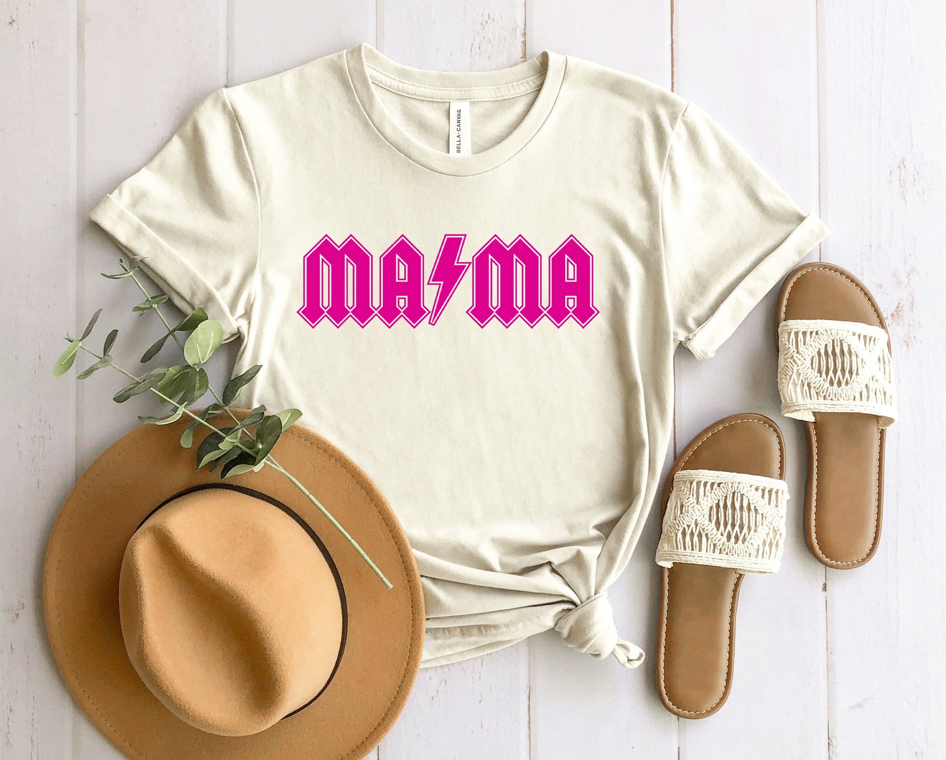 Wholesale Hot Pink Rocker mama Graphic Tee - Heather Sand