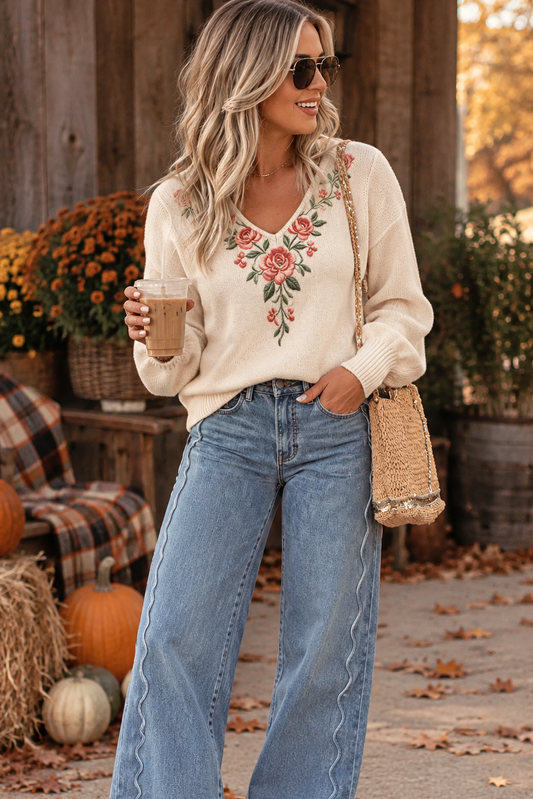 White Floral Embellished Sweater