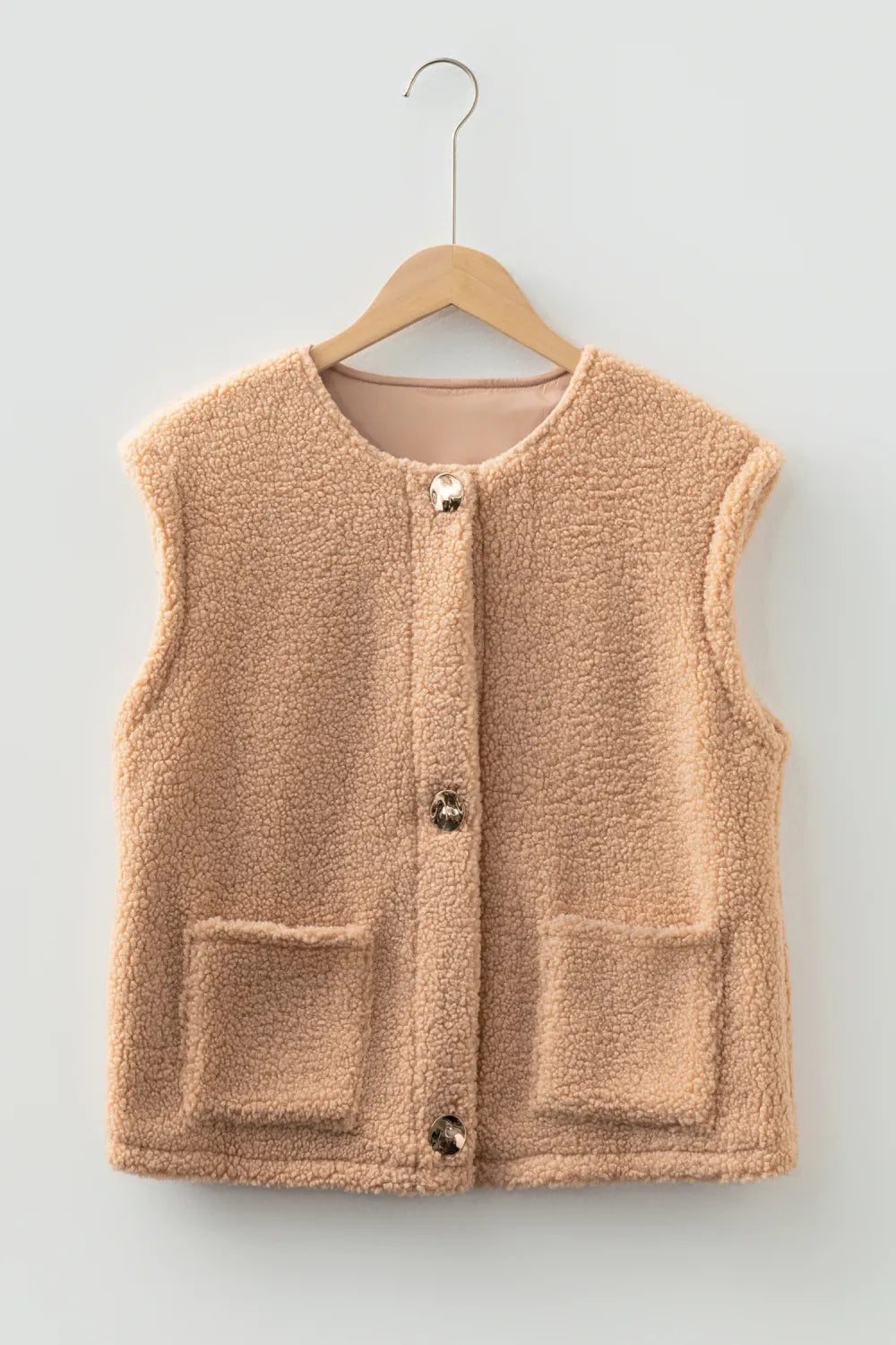Beige Button Fuzzy Pocket Vest