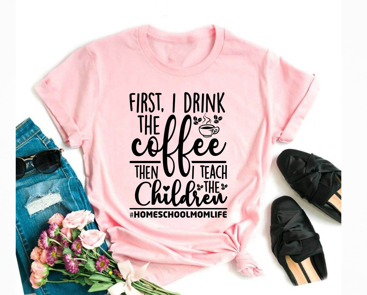 Wholesale First I Drink the Coffee Graphic Tee - Pink