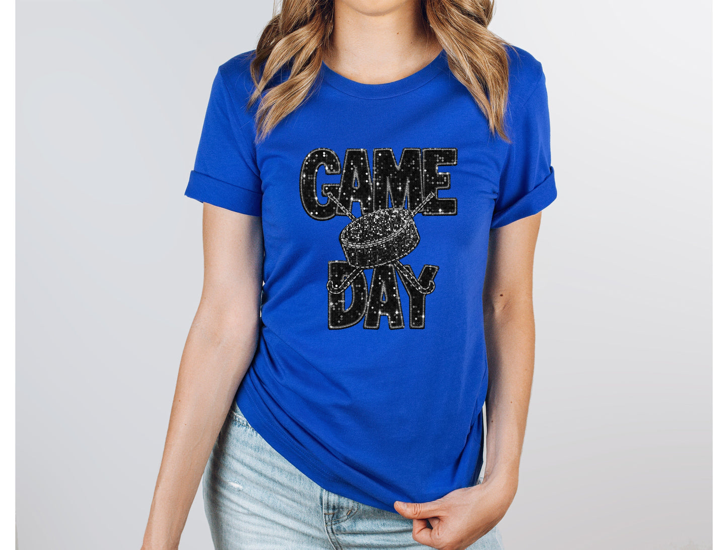 Wholesale Hockey Bling Graphic Tee - Blue Tee