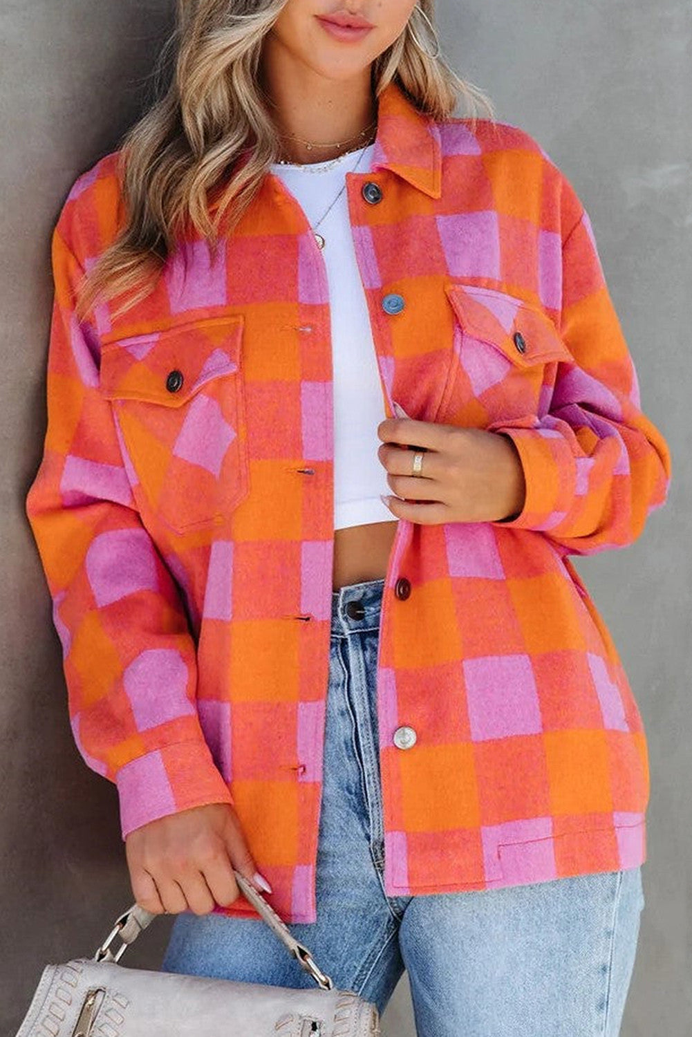 Orange Plaid Button Up Jacket