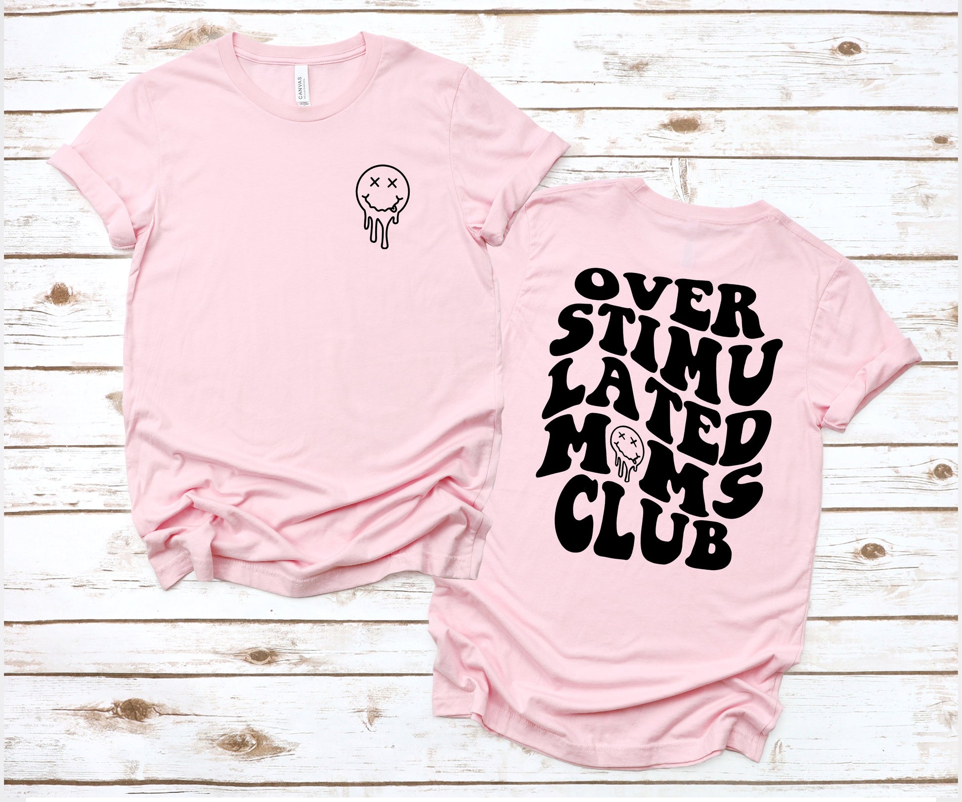 Wholesale Overstimulated moms Club Pocket and Back print Graphic Tee - Pink