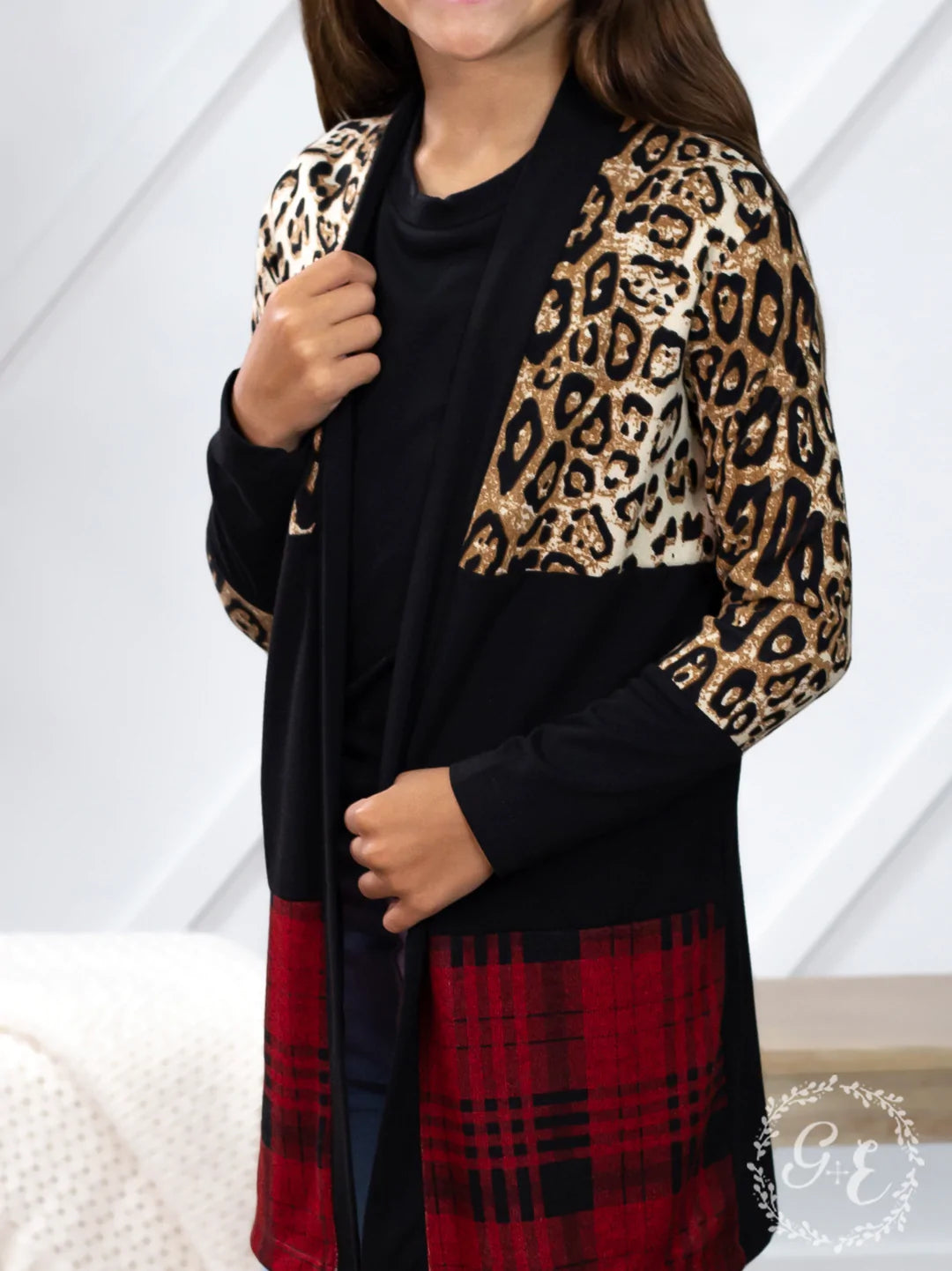 Girls’ Chillin’ Cardigan with Leopard and Plaid