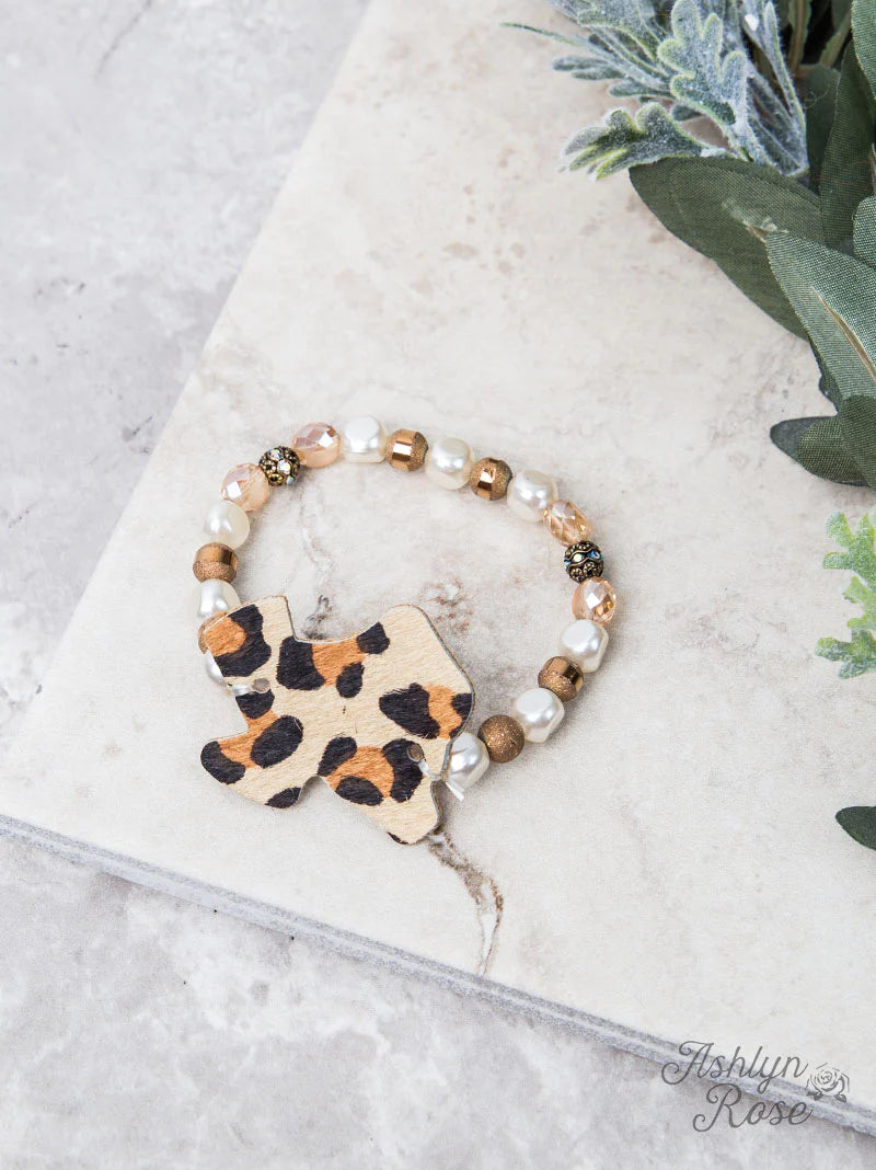 Beige Beaded Bracelet with Leopard Hide Texas