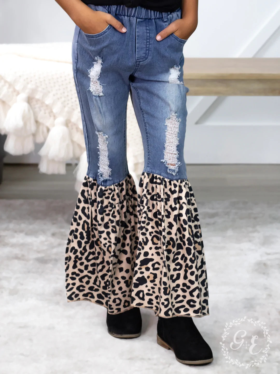 Girls’ Somewhere Between Western and Wildin’ Denim Flare Pants, Leopard