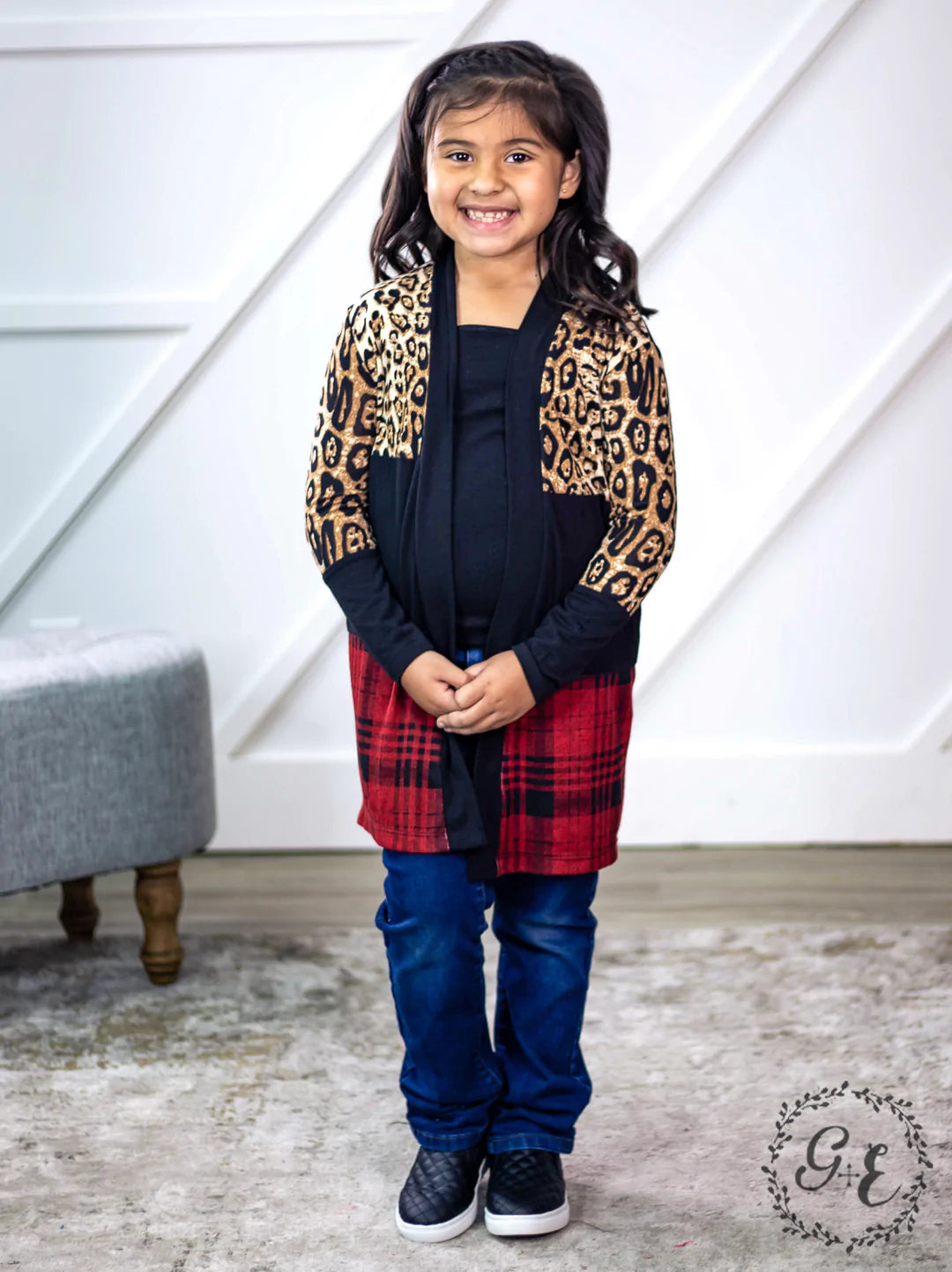 Girls’ Chillin’ Cardigan with Leopard and Plaid