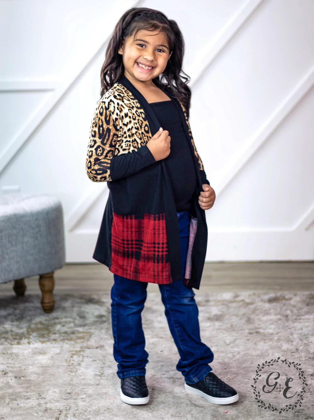 Girls’ Chillin’ Cardigan with Leopard and Plaid