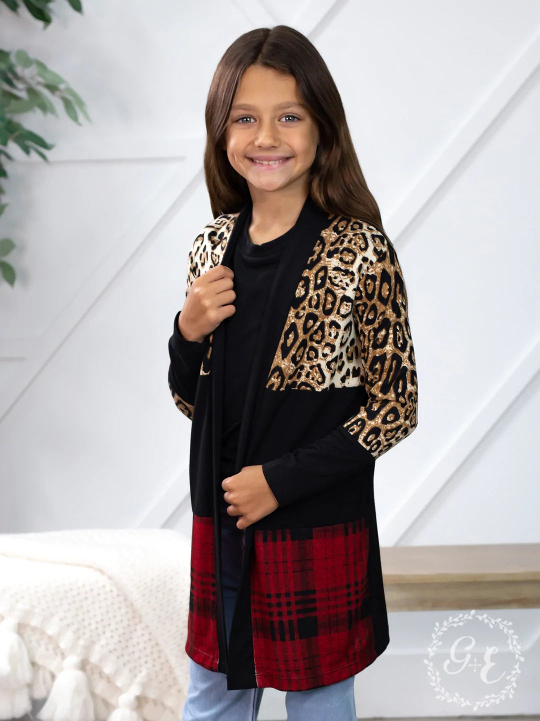 Girls’ Chillin’ Cardigan with Leopard and Plaid