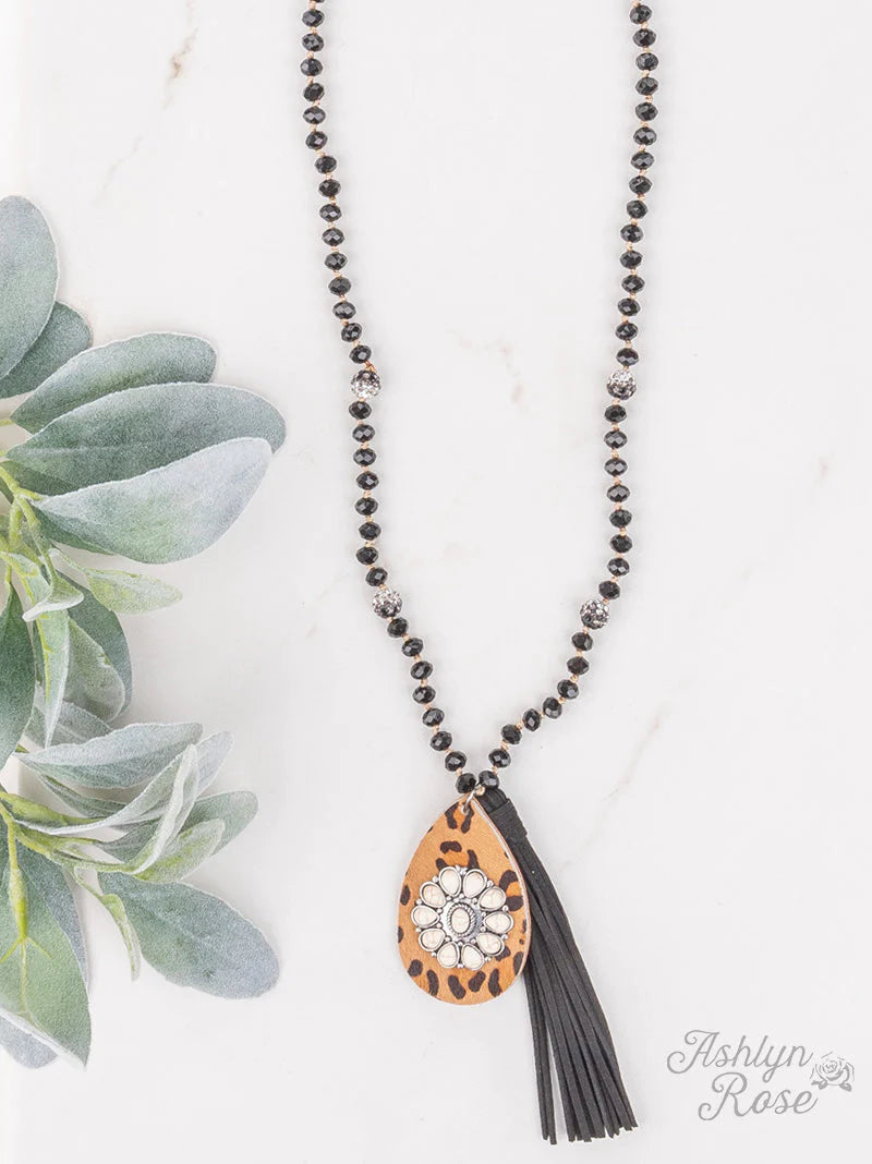 Leopard Glam Beaded Necklace with Leopard Pendant & Black Leather Tassel