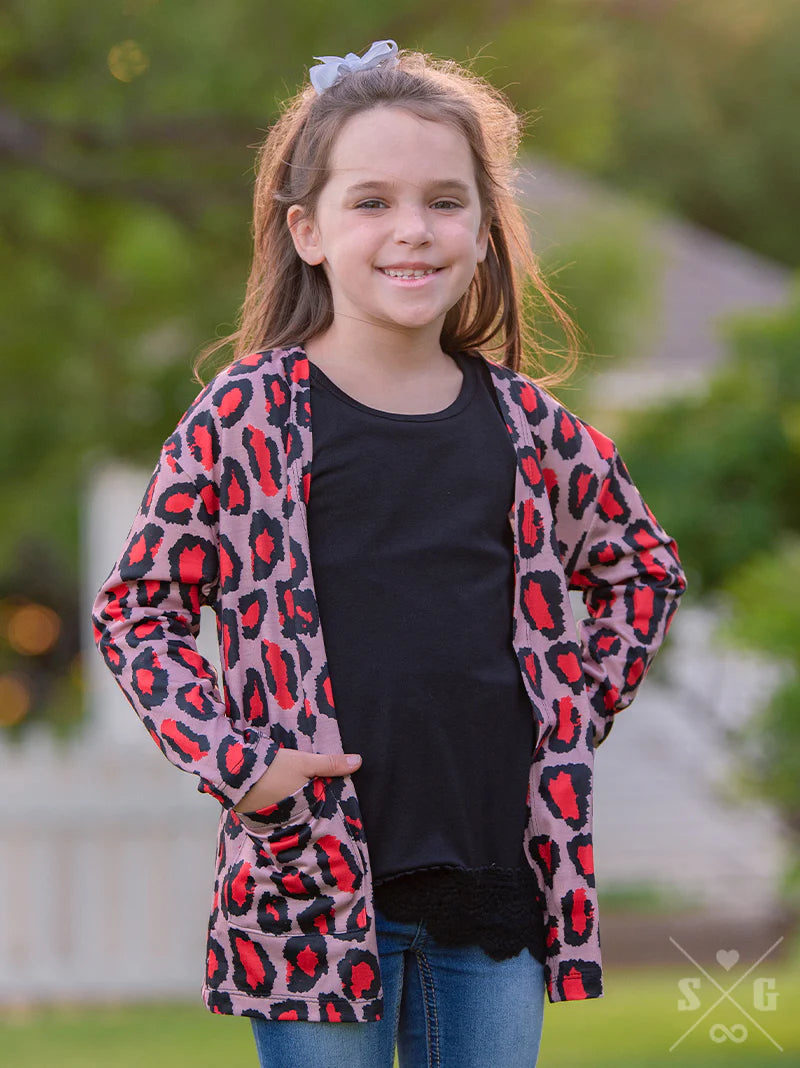 Girls’ Wonderfully Wild Leopard Cardigan with Pockets, Red