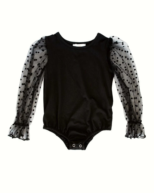 Destinee Sheer Dot Sleeve Leotard- Black