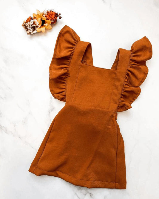 Victoria Ruffle Back Suspender Dress- Rich Caramel